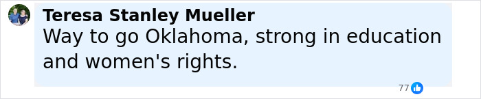Comment praising Oklahoma for support of education and women's rights in response to stepdad and mom felony charges after 11-year-old gives birth.