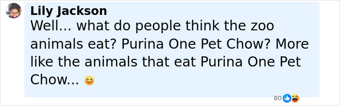 Comment from Lily Jackson joking about zoo animals eating pets, relating to donating pets to feed predators at zoo. - 32