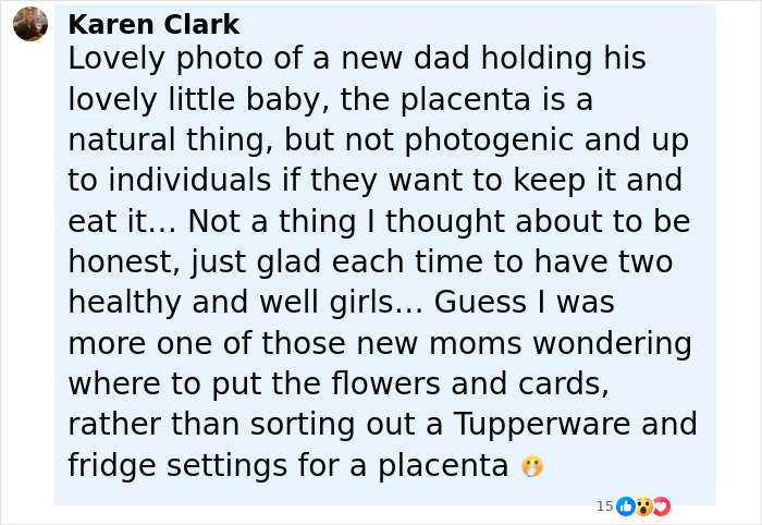 Comment discussing new dad holding baby and the placenta encapsulation process shared by Calvin Harris in birth announcement. - 27