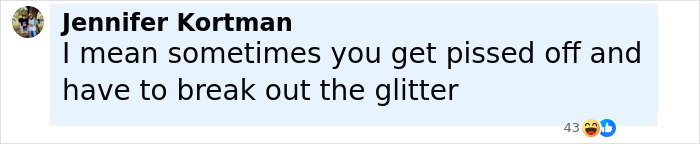 Screenshot of a Facebook comment by Jennifer Kortman mentioning getting upset and using glitter.