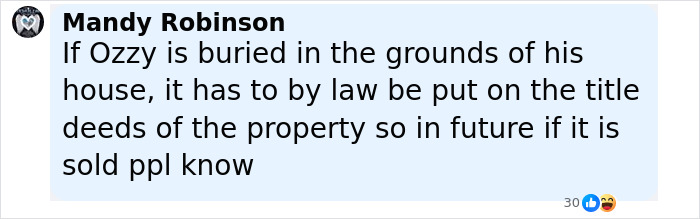 Comment about Ozzy Osbourne&rsquo;s burial and legal requirements for property title deeds after the rock legend&rsquo;s lakeside farewell.