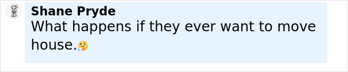 Comment by Shane Pryde questioning what happens if they ever want to move house, with a thinking face emoji.