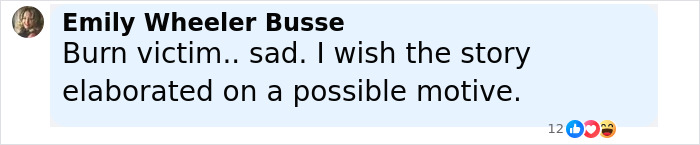 Comment by Emily Wheeler Busse expressing sadness about the burn victim and wishing for more on the possible motive in homicide case.