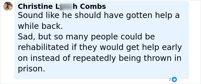 Comment discussing the need for early help and rehabilitation to prevent repeated prison time for individuals.