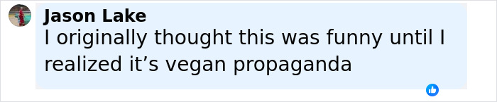 Screenshot of a comment by Jason Lake expressing initial amusement turned to concern over vegan propaganda. - 34