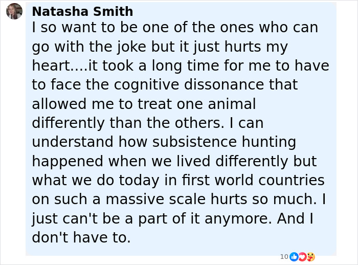 Comment from Natasha Smith expressing pain over treating animals differently, related to dog meat farm owner receiving violent threats. - 33