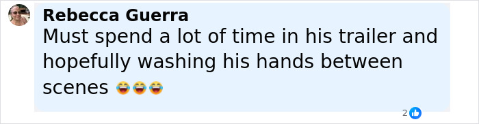 Comment from Rebecca Guerra discussing Jeffrey Dean Morgan spending time in his trailer between scenes with laughing emojis.