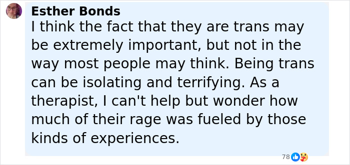 Comment by Esther Bonds reflecting on the isolation and rage linked to being trans before Minneapolis massacre culprit's fatal rampage.