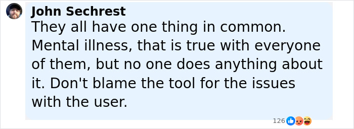 Screenshot of a social media comment discussing mental illness in relation to the Minneapolis massacre culprit.