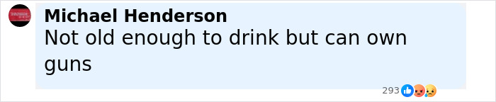 Comment by Michael Henderson stating "Not old enough to drink but can own guns" with reaction emojis below, related to Minneapolis massacre culprit.