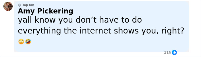 Comment from top fan Amy Pickering warning against following risky internet challenges, related to influencer spine fracture incident.