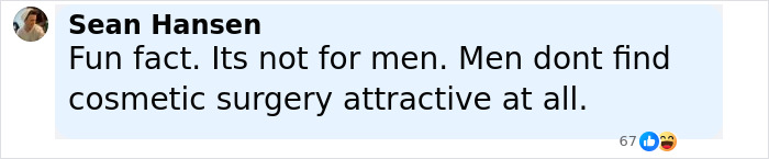 Comment by Sean Hansen stating men do not find cosmetic surgery attractive, highlighting divided opinions on plastic surgeries.