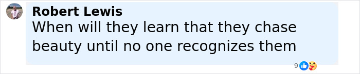 Comment by Robert Lewis about chasing beauty and losing recognition, expressing an opinion on appearance changes and regret.