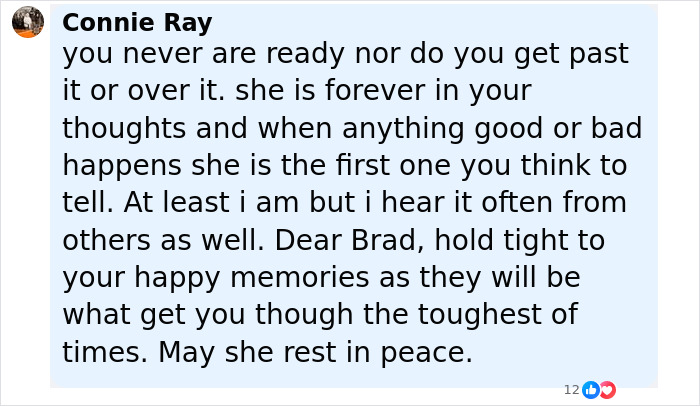 ALT text: Social media comment showing support for Brad Pitt's final message to his mom after her passing, expressing sympathy and comfort. ALT text: Social media comment showing support for Brad Pitt's final message to his mom after her passing, expressing sympathy and comfort.