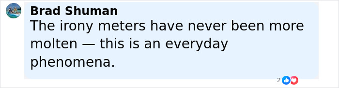 Comment by Brad Shuman stating irony meters have never been more molten and calling it an everyday phenomena related to writer karma.