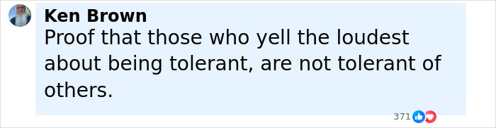 Screenshot of a social media post with a comment by Ken Brown about tolerance, related to a writer who trashed Sydney Sweeney.