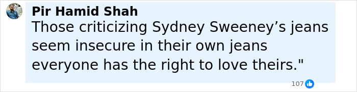 Comment from Pir Hamid Shah defending Sydney Sweeney&rsquo;s jeans amid backlash, highlighting opinions on insecurities and personal choice.