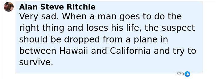 Comment by Alan Steve Ritchie expressing sadness over a good Samaritan losing his life protecting a helpless mom and children.