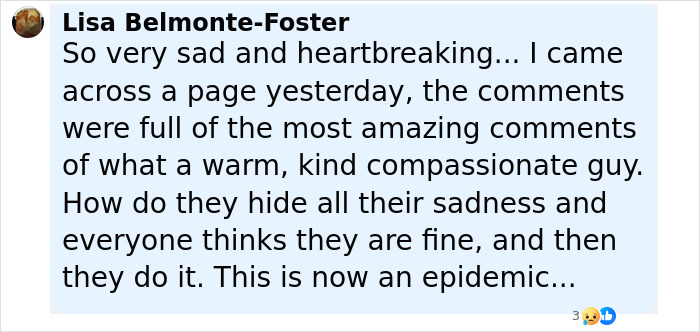 ALT text: Facebook comment expressing sadness and heartbreak over Chase Filandro's suicide at 20 years old shared on a social media post.