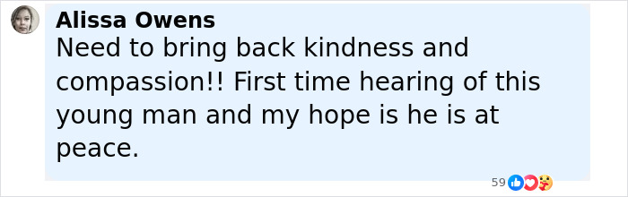 Comment by Alissa Owens expressing hope for peace after hearing about Chase Filandro taking his own life at 20 years old.