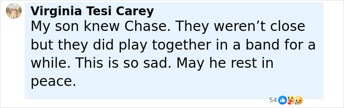 Comment by Virginia Tesi Carey expressing sadness over Chase Filandro&rsquo;s passing and offering condolences.