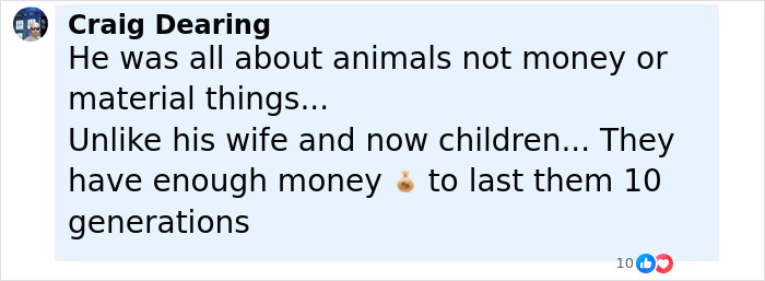 Screenshot of a comment discussing Steve Irwin’s surprisingly small fortune left to children Robert and Bindi. Screenshot of a comment discussing Steve Irwin’s surprisingly small fortune left to children Robert and Bindi.