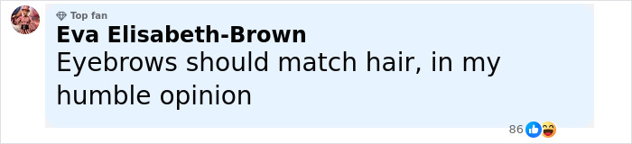 Comment from Eva Elisabeth-Brown about eyebrows matching hair in Jenna Ortega fans' discussion on Wednesday looks.