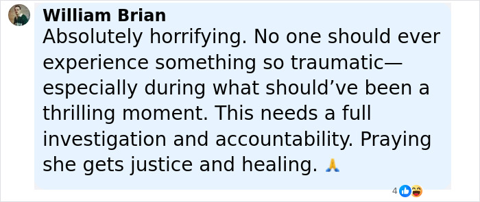 Comment from William Brian expressing horror and calling for justice after mid-air parasailing assault on 52YO mom. - 12