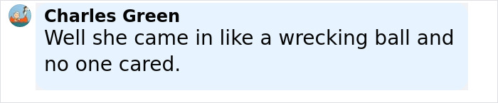 Comment by Charles Green stating she came in like a wrecking ball and no one cared, related to Miley Cyrus stunning fans. - 17