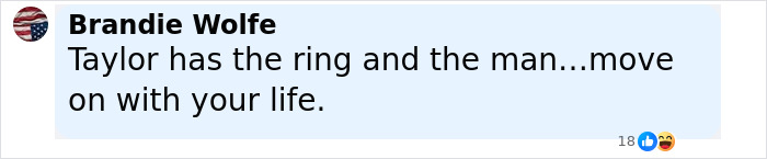 Comment by Travis Kelce's ex Brandie Wolfe expressing moving on after Taylor Swift's engagement in a social media post.