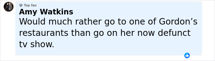 Social media comment by Amy Watkins expressing preference for Gordon’s restaurants over Ellen DeGeneres amid bullying controversy. Social media comment by Amy Watkins expressing preference for Gordon’s restaurants over Ellen DeGeneres amid bullying controversy.