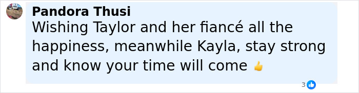 Comment by Pandora Thusi expressing support for Taylor Swift's engagement and encouragement for Kayla Nicole amid Travis Kelce news.