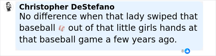 Comment by Christopher DeStefano mentioning a baseball being swiped from a little girl at a past baseball game, US Open hat snatcher.