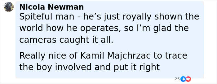 Comment by Nicola Newman discussing a spiteful man and Kamil Majchrzac tracing a boy involved in a US Open hat incident.