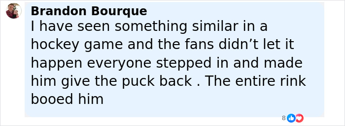 Comment by Brandon Bourque discussing a hockey game incident where fans stopped a puck snatcher and booed him.