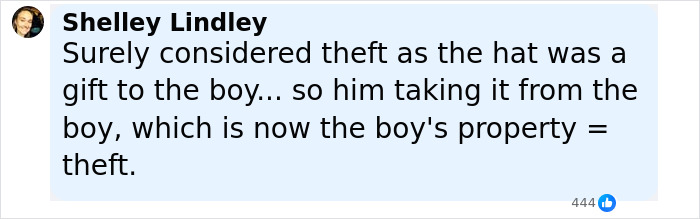 Comment by Shelley Lindley discussing theft related to the infamous US Open hat snatcher incident involving a Polish CEO.