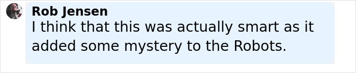 Rob Jensen commenting that removing his name added mystery to the Robots, relating to Will Smith's co-actor publicity claim.