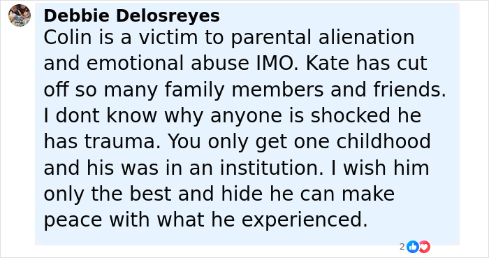 Comment about Collin Gosselin describing trauma tied to emotional abuse and isolation related to parental alienation.