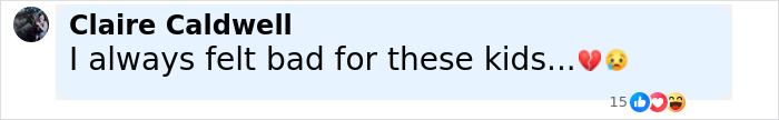 Facebook comment from Claire Caldwell expressing sympathy for kids with broken heart and sad face emojis.