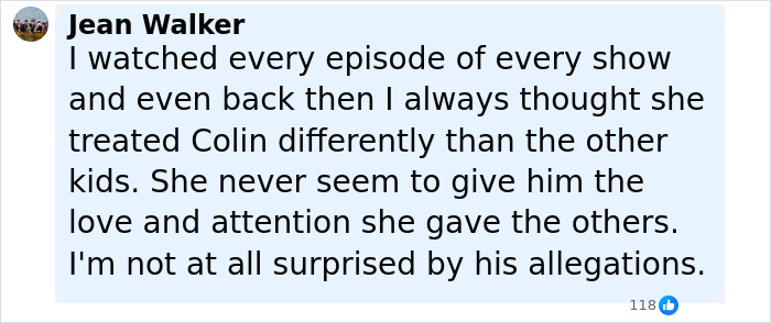 Screenshot of a social media comment discussing Kate and Jon Gosselin&rsquo;s son Collin and his heartbreaking message.