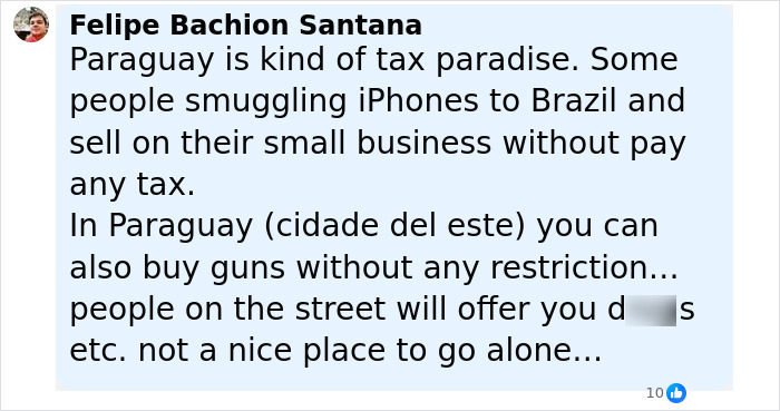 User comment discussing tax evasion and smuggling iPhones in Paraguay, mentioning guns and safety concerns. - 25