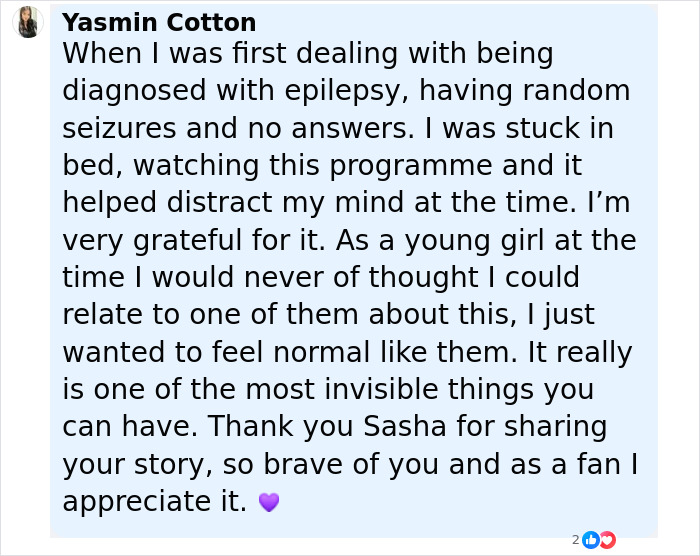 Comment from Yasmin Cotton thanking Sasha Pieterse for sharing her story about weight gain and health struggles.