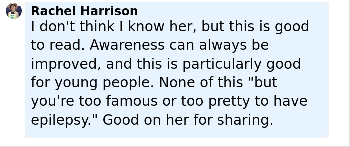 Comment by Rachel Harrison praising awareness about weight gain and health issues, referencing Sasha Pieterse&rsquo;s experience with doctors.