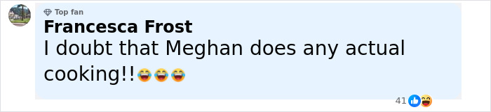 Comment mentioning doubt about Meghan Markle doing actual cooking, related to Pamela Anderson cooking show debate. - 29