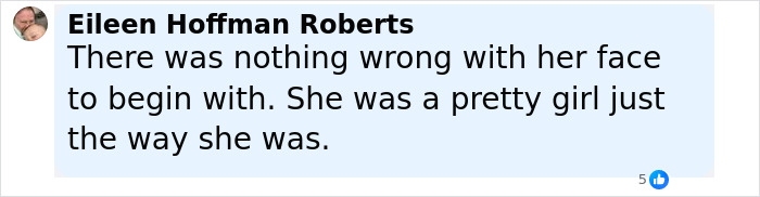 Comment from Eileen Hoffman Roberts expressing support for Julia Fox amid divided opinions on her plastic surgeries.