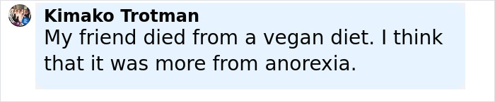 Comment text on a social media post discussing a toddler's death linked to vegan diet and signs ignored by the woman.