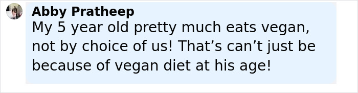 Comment from Abby Pratheep discussing concerns about toddler&rsquo;s vegan diet and ignoring crucial signs related to health risks.