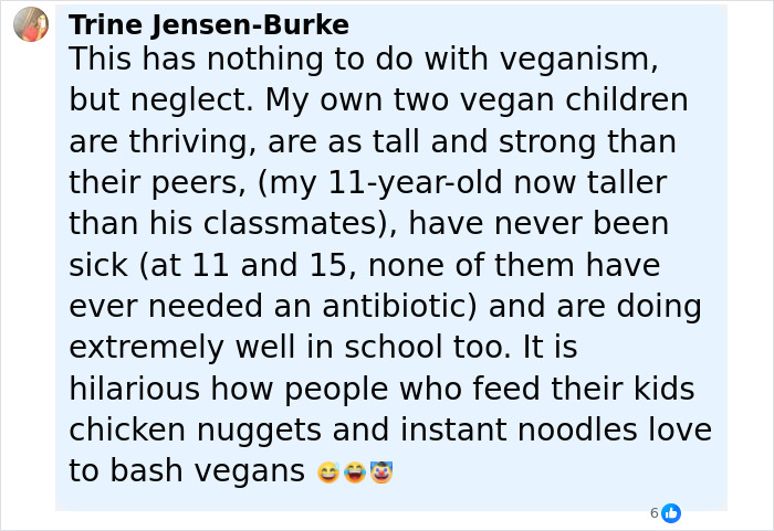 Comment defending vegan children&rsquo;s health and growth, discussing neglect and vegan diet signs ignored by woman.