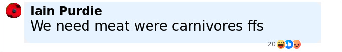 Comment by Iain Purdie stating need for meat as humans are carnivores, reacting to toddler&rsquo;s death linked to vegan diet signs.