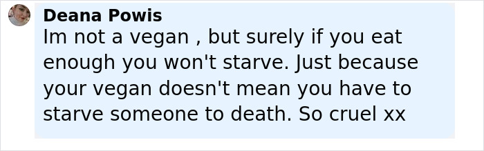 Screenshot of a social media comment discussing the dangers of a vegan diet and its potential impact on toddler health.